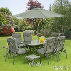 11 Piece Garden Furniture Set Table Chairs Foot Stools & Parasol Matching Grey
