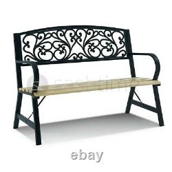 2-3 Seater Garden Bench Metal Wooden Seat Backrest Patio Chair Armrest Outdoor