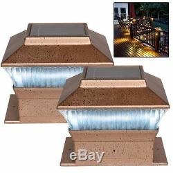 2 New Bronze Led Outdoor Garden Post Solar Powered Deck Cap Square Fence Lights