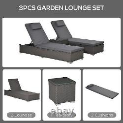 3PC Rattan Sun Lounger Garden Outdoor Wicker Recliner Bed Side Table Grey