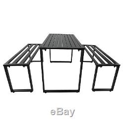 3Pcs Outdoor Dining Set Metal Beer Table Bench Patio Garden Yard Black