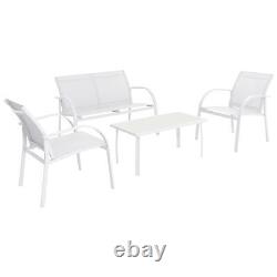 4 Seater Metal Garden Sofa Set Glass Top Outdoor Coffee Table Chairs White