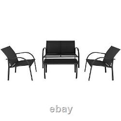 4 Seater Metal Garden Sofa Set Glass Top Outdoor Patio Coffee Table Chairs Black