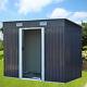 4x8ft Galvanized Garden Shed Dark Grey Pent Roof Outdoor Toolshed House With Base