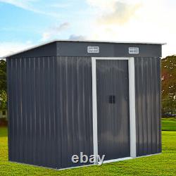 4x8ft Galvanized Garden Shed Dark Grey Pent Roof Outdoor Toolshed House with Base