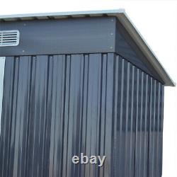 4x8ft Galvanized Garden Shed Dark Grey Pent Roof Outdoor Toolshed House with Base