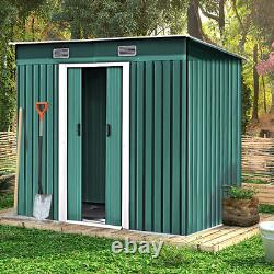 4x8ft Green Metal Steel Garden Shed Pent Roof Outdoor Storage Toolshed with Base