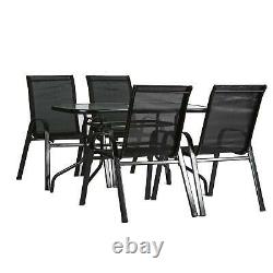 5pc Garden Furniture Set Glass Top Outdoor Bistro Table Chair 120x70cm Black