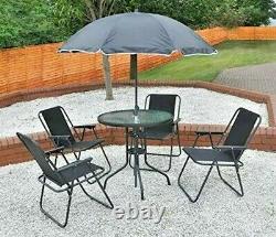 6 Piece Garden Furniture Set Dining Table 4 Chairs Seats + Parasol Patio Black