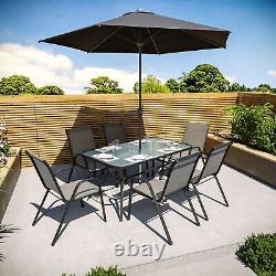 6 Seater Grey Metal Stackable Garden Dining Set with Free Parasol and Bas FTR008