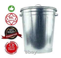 60L Medium Galvanised Metal Trash Bin & Lid Dustbin Home Garden Rubbish Waste