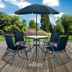 6PC Garden Patio Furniture Set Outdoor Black 4 Seater Large Round Table Parasol