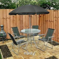 6pc Garden Dining Furniture Set With Glass Topped Table 4 Folding Chairs Parasol
