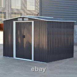 6x8ft Metal Garden Shed Dark Grey Apex Roof Outdoor Storage Toolshed with Base