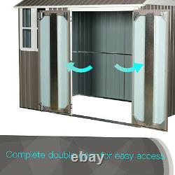 8x6 ft Corrugated Metal Garden Storage Shed with 2 Doors Window Sloped Roof Grey