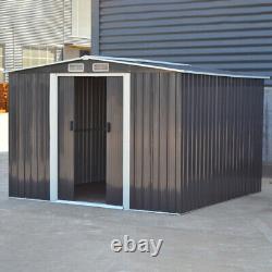 8x8ft Garden Shed Metal Galvanized Dark Grey Apex Roof Outdoor Tools House +Base