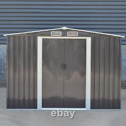8x8ft Garden Shed Metal Galvanized Dark Grey Apex Roof Outdoor Tools House +Base