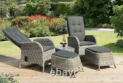 Albury Rattan Reclining Garden Chair Set Armchairs Glass Top Table & Foot Stools