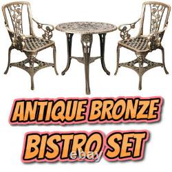 Antique Bronze Effect Garden Table and Chairs Bistro Set Weatherproof 3 Piece