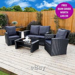 BLACK Rattan Weave Garden Furniture Patio Conservatory Sofa Set FREE COVER
