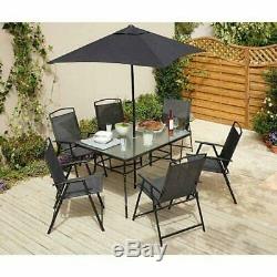 Black Garden Outdoor Furniture 6 Seater Metal Patio Set Table Chairs And Parasol