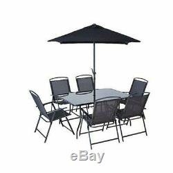 Black Garden Outdoor Furniture 6 Seater Metal Patio Set Table Chairs And Parasol