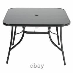 Black Garden Patio Table Glass Metal Frame Dining Bistro Table with Parasol Hole