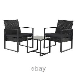 Black Glass Table 2 Seater Rattan Chairs Set 3pcs Garden Wicker Furniture Bistro