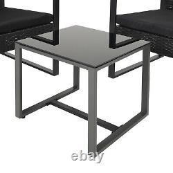 Black Glass Table 2 Seater Rattan Chairs Set 3pcs Garden Wicker Furniture Bistro