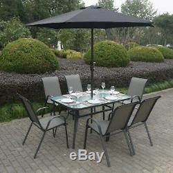 Black & Grey Metal 6 Seater Garden Furniture Set Parasol Included FTR008