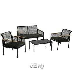Black Metal Frame Outdoor Rope Wicker Sofa Chairs Coffee Table Garden Patio Set
