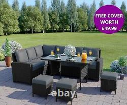 Black Rattan Garden Furniture 9 Seater Sofa Set Dining Table Stools Free Cover