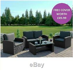 Black Rattan Garden Furniture Sofa Armchair Chair Coffee Table Set FREE COVER