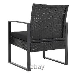 Black Rattan Garden Patio Set Metal Glass Table & 2 Chairs Cushion Seat Outdoor