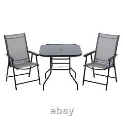 Black Square Garden Table& 2 Folding Chairs Set Outdoor Yard Bistro Parasol Hole