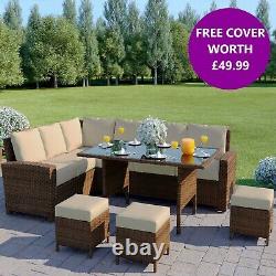 Brown Rattan Garden Furniture 9 Seater Corner Sofa Set Dining Table Free Cover