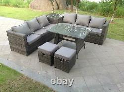Corner rattan sofa set dining table outdoor furniture garden with footstool grey