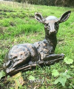 Fawn Deer Garden Ornament Statue Aluminium Metal Grey With Brown & Black finish