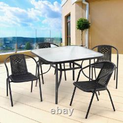 Garden Bistro Patio Furniture Glass Table Stacking Chairs In/Outdoor Metal Frame