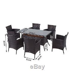Garden Rattan Furniture Dining Set Patio Rectangular Table 6 Cube Chairs Brown