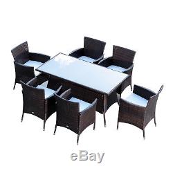 Garden Rattan Furniture Dining Set Patio Rectangular Table 6 Cube Chairs Brown