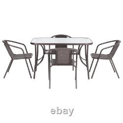 Glass Garden Table &4 Stacking Chairs Brown Outdoor Dining Set with Parasol Hole