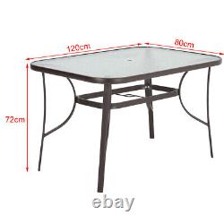 Glass Garden Table &4 Stacking Chairs Brown Outdoor Dining Set with Parasol Hole
