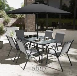Grey 6 Seater Metal Garden Dining Set with Parasol and Base