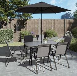 Grey 6 Seater Metal Garden Dining Set with Parasol and Base