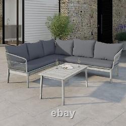 Grey Rope Effect Garden Corner Sofa Set 6 Seater with Table and Cushions