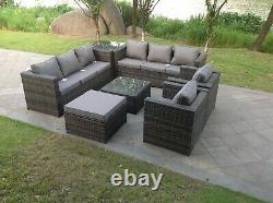 Indoor Outdoor 9 Seater Rattan Sofa Set Ottoman Garden Furniture Table Set Grey