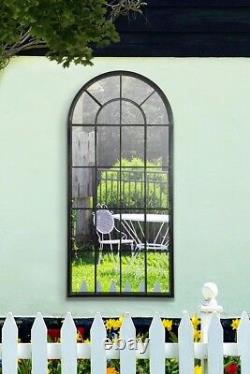 Large Garden Black Arched Window Garden Metal Outdoor Mirror 4ft7 x 2ft2