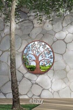 Large Rustic Metal Round Garden Mirror Colour Tree Decal New 80cm X 80 cm