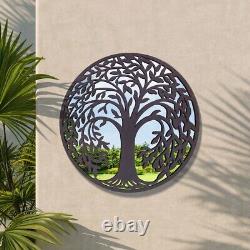 Large Rustic Metal Round Garden Mirror Silver Tree Decal New 99cm X 99cm